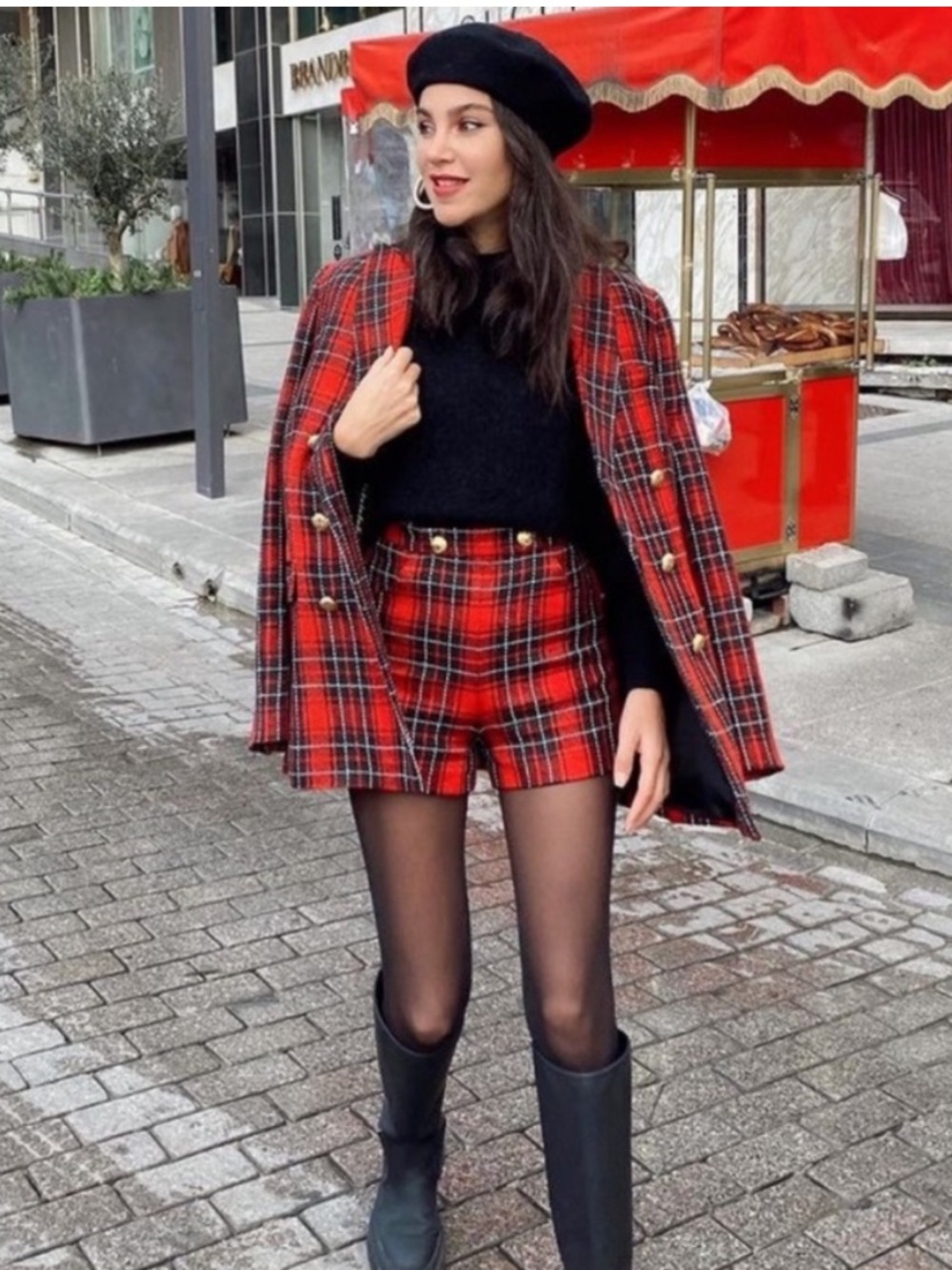 Zara Red Tartan High-Waist Plaid Shorts NWT